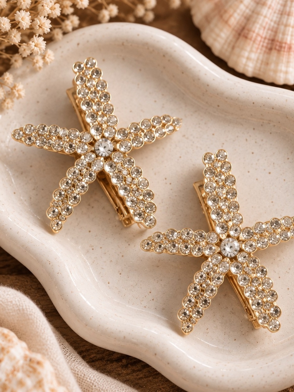 Gold-Tone Rhinestone Starfish Duckbill Hair Clips Barrettes– Set of 2 New